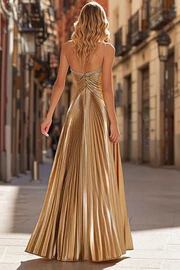 Gold Strapless Pleated A Line Prom Dress with Rhinestones